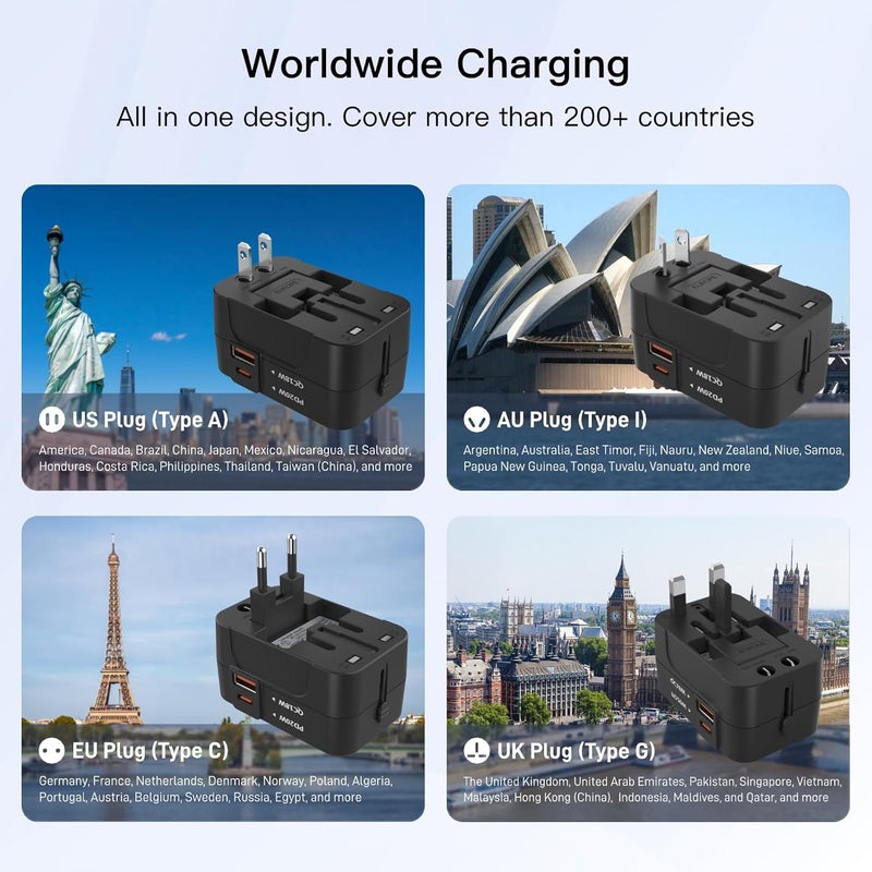 HAPOW Universal Travel Adapter - 1 USB-C & 1 USB-A Fast Charging Travel Charger, Worldwide Plug Adapter for EU UK USA AU, Black - Image 3